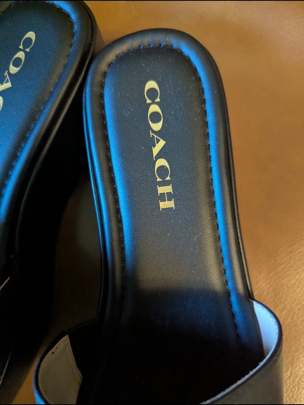 COACH Black Leather Slide Sandals with Gold Logo - Picture 3 of 8